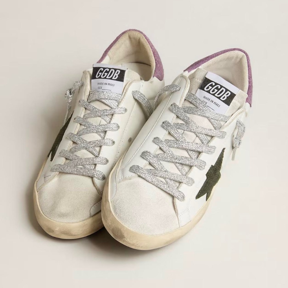 Golden Goose Super-Star with Green Snake-Print Suede Star and Purple Heel Tab